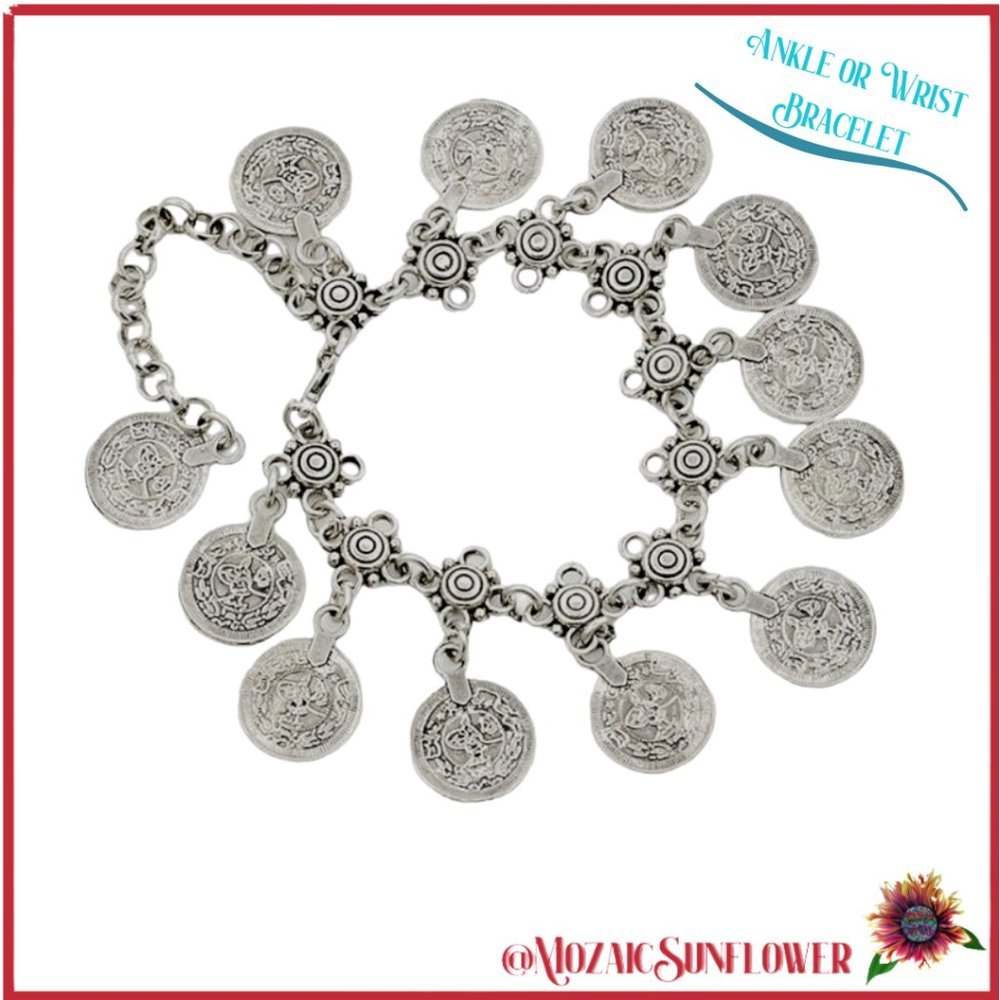 Vintage Antiqued Silver Color Turkish Coin Anklet Or Bracelet Nwt 17$